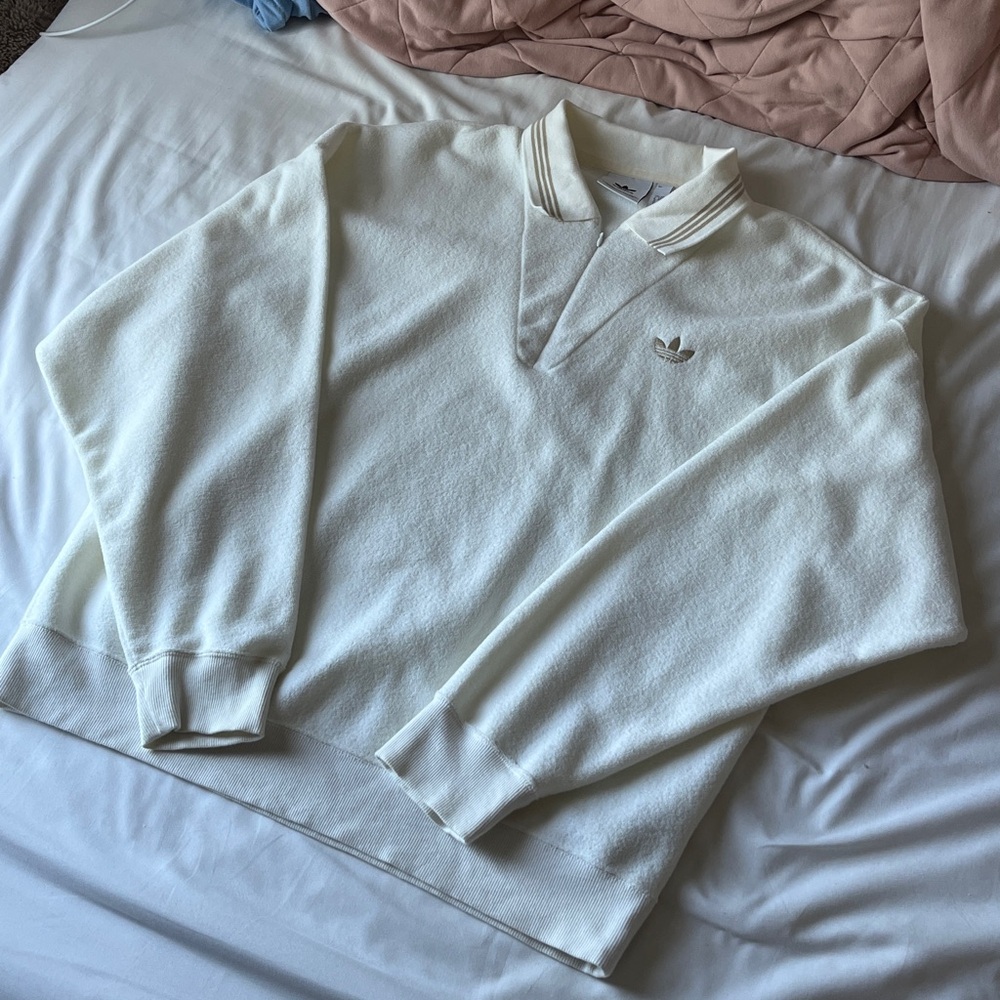 [NEW] ADIDAS White V-Neck Sweater Soft Relaxed Fit